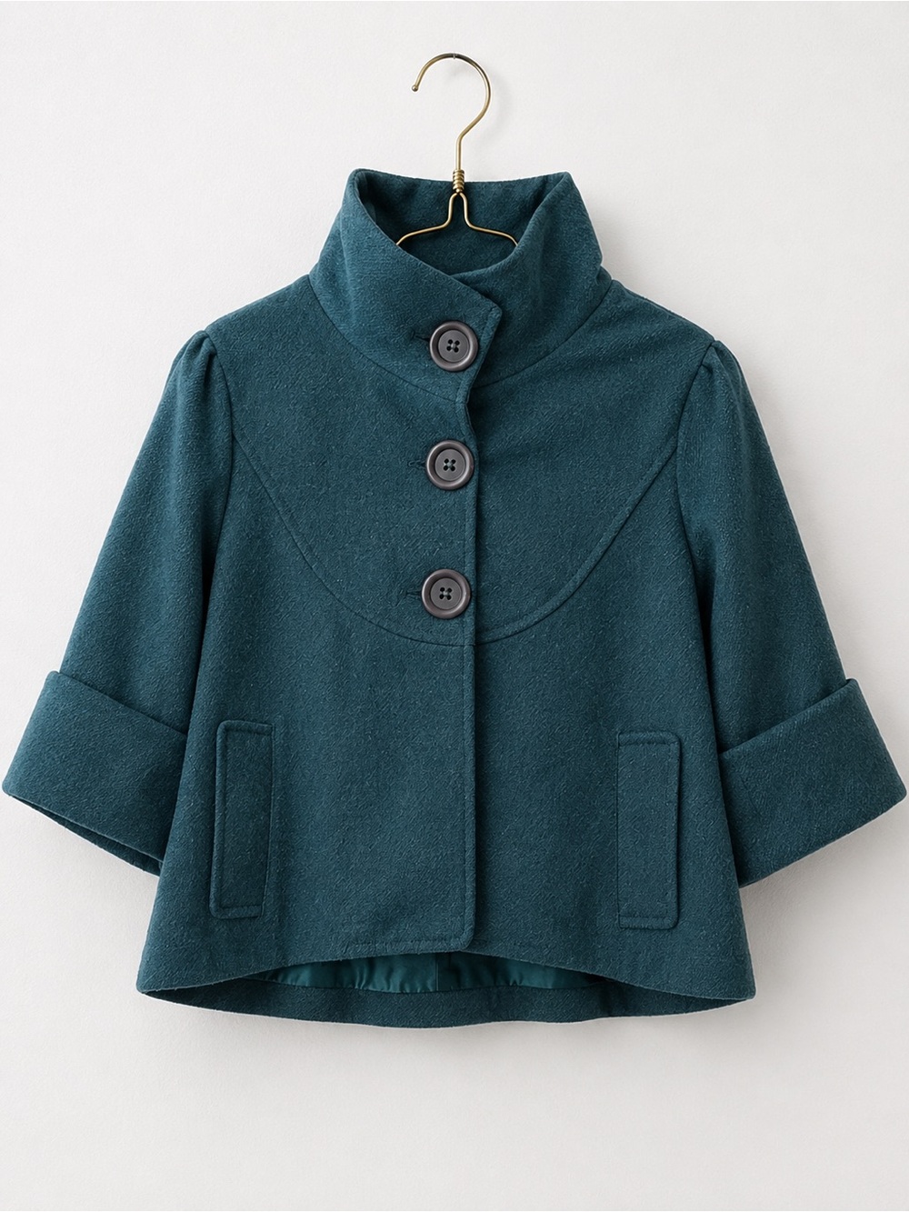 Teal Cropped Swing Jacket High Collar Bell Sleeve Button Coat